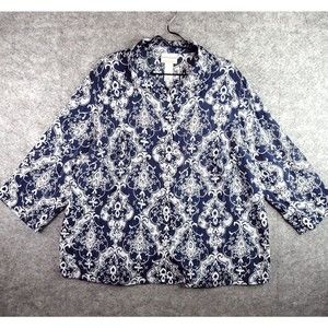 Alfred Dunner Button Up Top Womens 1X PLUS Blue White Print 3/4 Sleeve